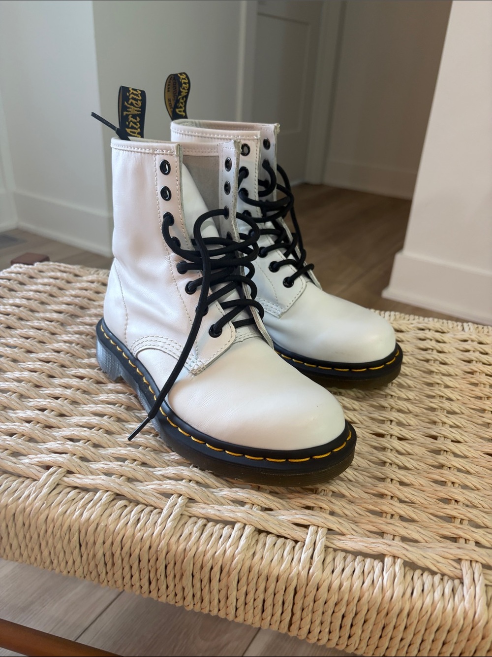 Dr. Martens White Leather Lace-Up Combat Boots with Black Laces